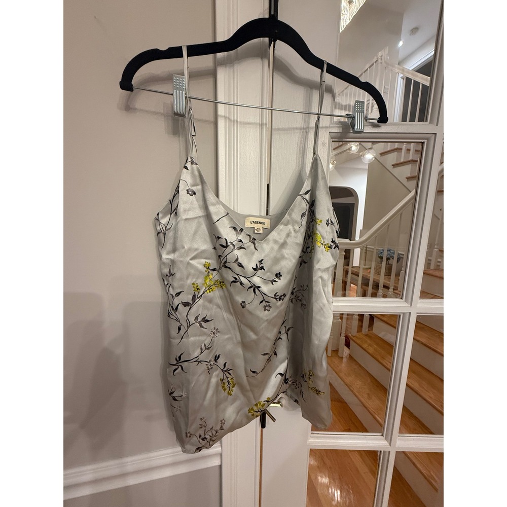 L'AGENCE Jane Silk Floral Camisole Top Sage Green Yellow V-Neck Medium NWT